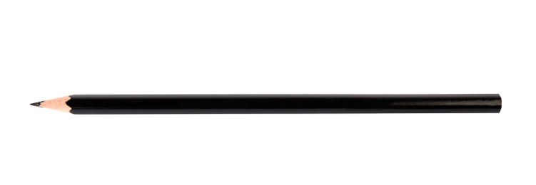 Photo of Black wooden pencil on white background, top view. School stationery