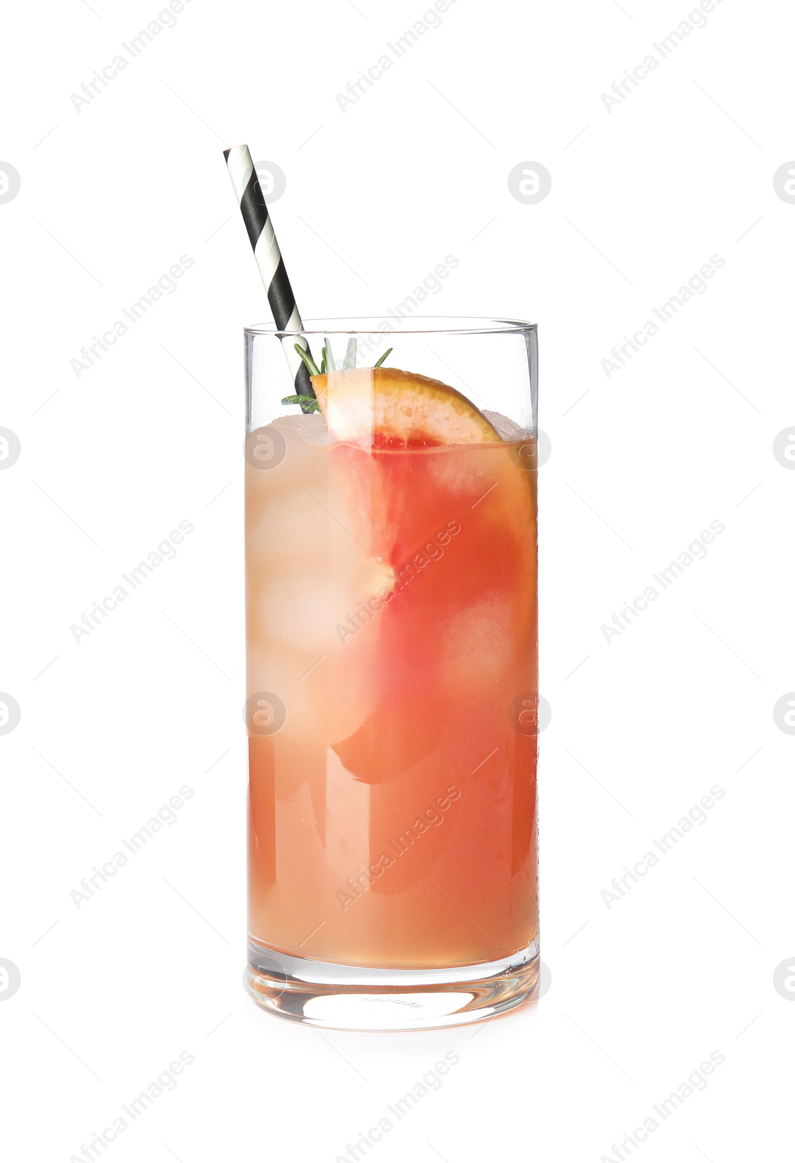 Photo of Glass of grapefruit cocktail with ice isolated on white