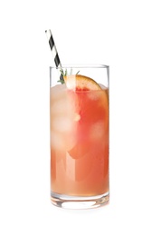 Glass of grapefruit cocktail with ice isolated on white