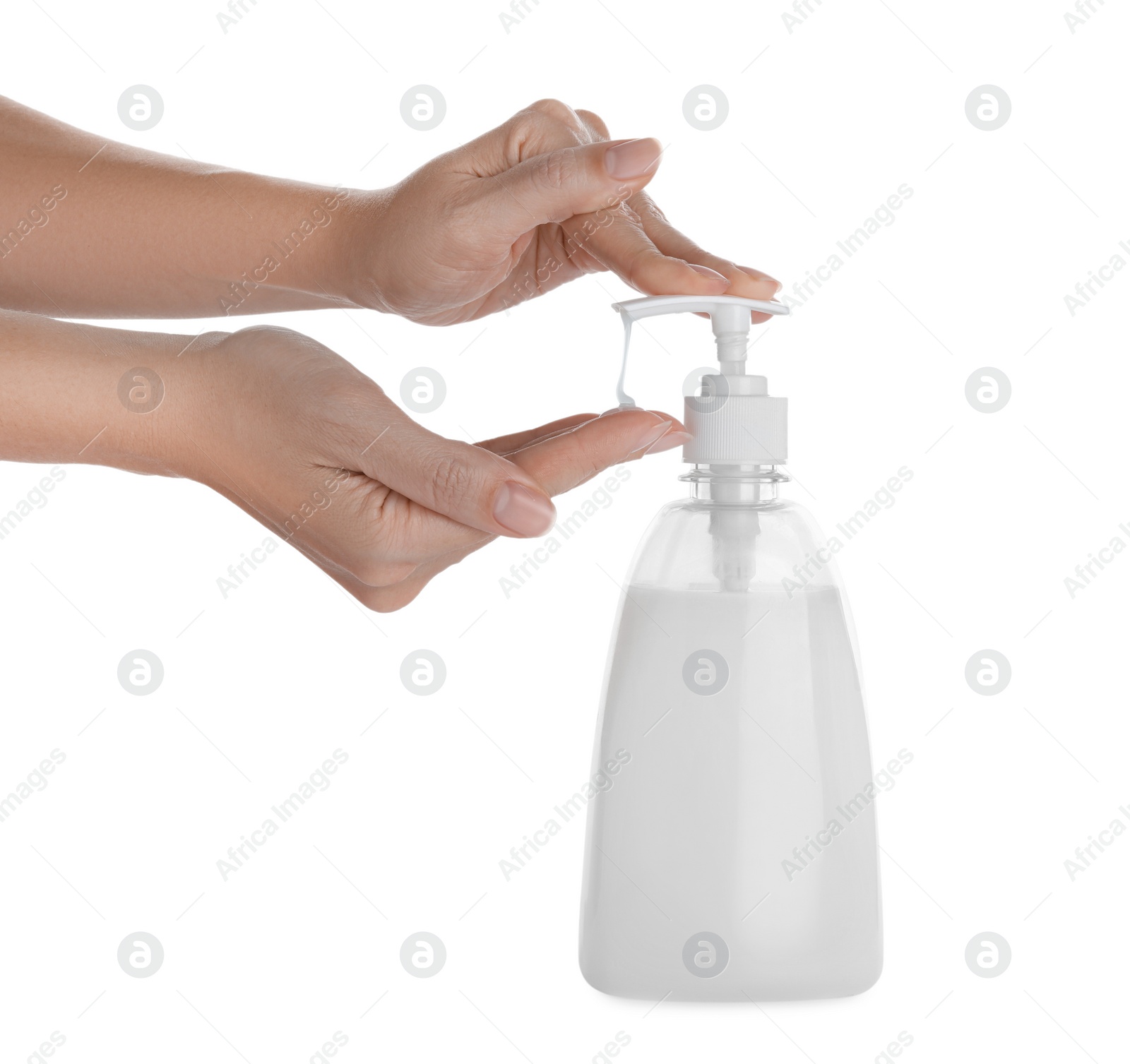 Photo of Woman using liquid soap dispenser on white background, closeup