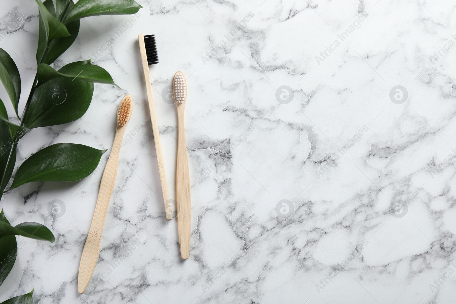 Photo of Bamboo toothbrushes and green branch on white marble table, flat lay. Space for text