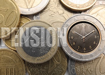 Image of Pension plan. One coin with clock on it's side among others, top view