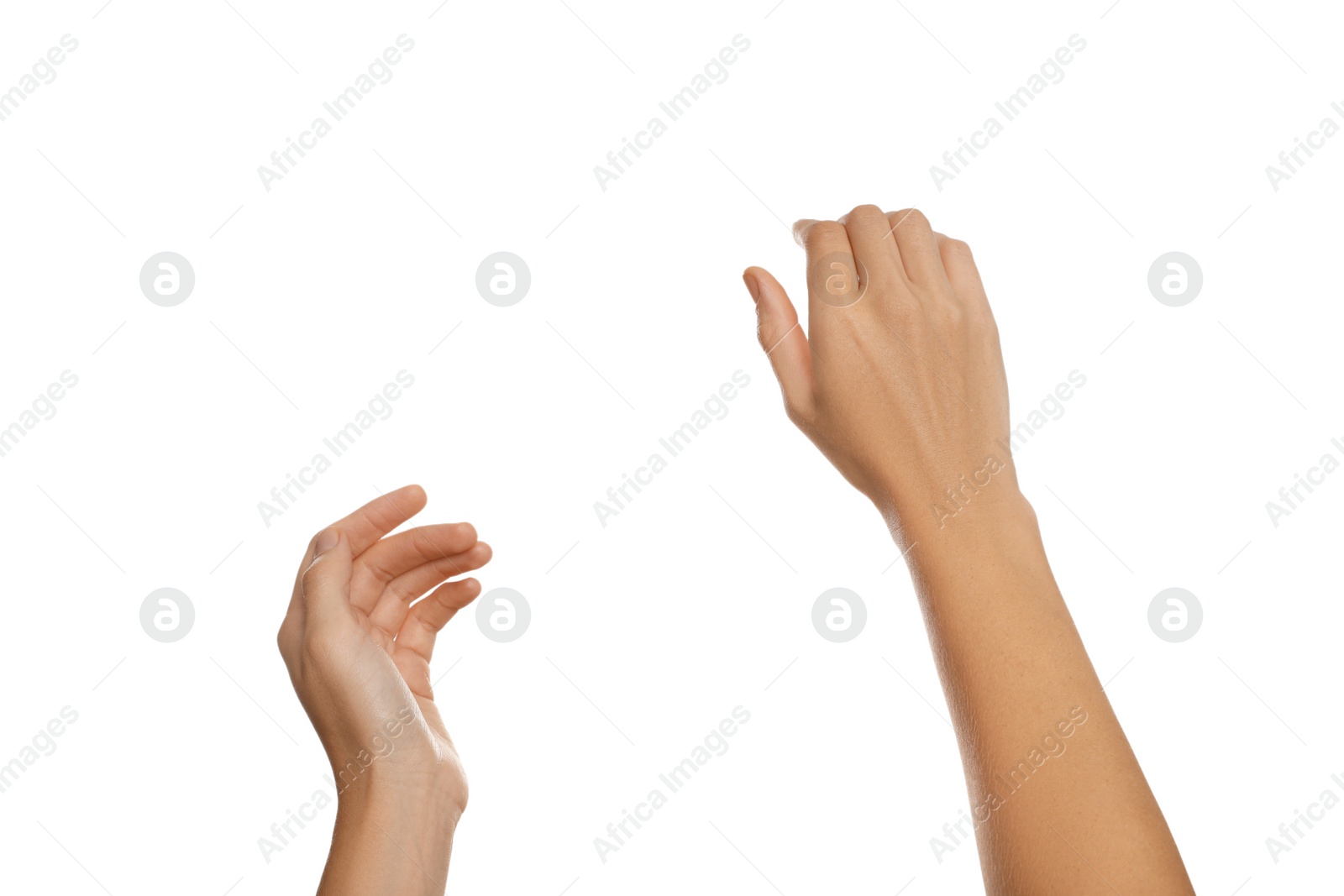 Photo of Woman pretending to hold steering wheel on white background, closeup