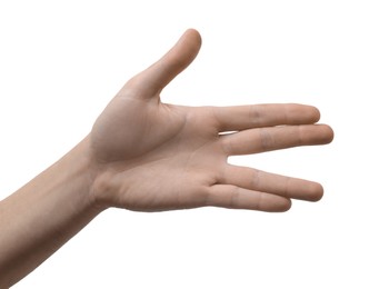 Photo of Man showing hand on white background, closeup