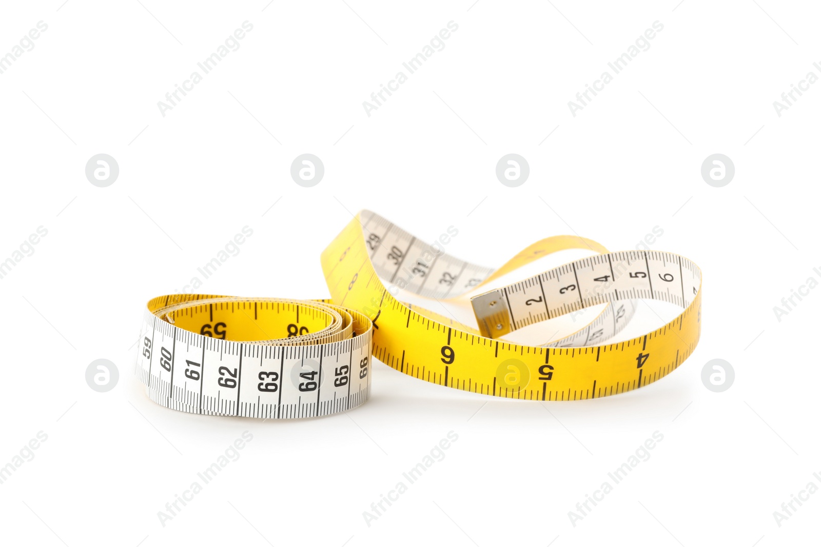 Photo of New yellow measuring tape isolated on white