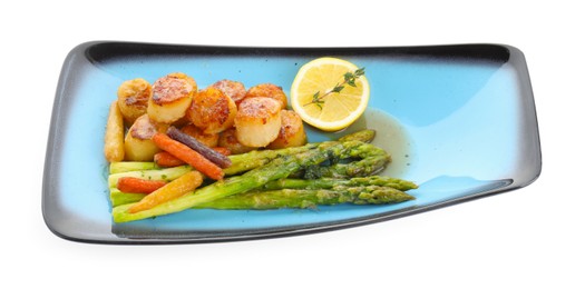 Photo of Delicious fried scallops with asparagus, vegetables, lemon and thyme isolated on white