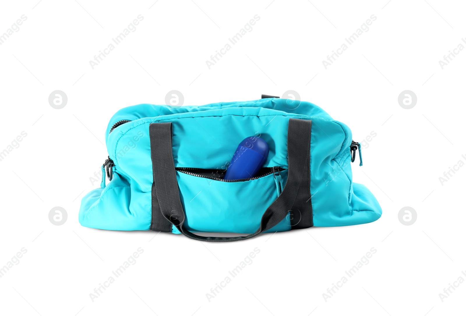 Photo of Sport bag with deodorant on white background