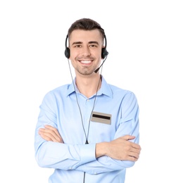 Photo of Male receptionist with headset on white background