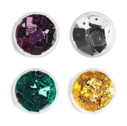 Image of Set of containers with shiny sequins in different colors on white background, top view