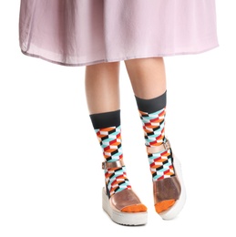 Photo of Woman in stylish socks and shoes on white background, closeup