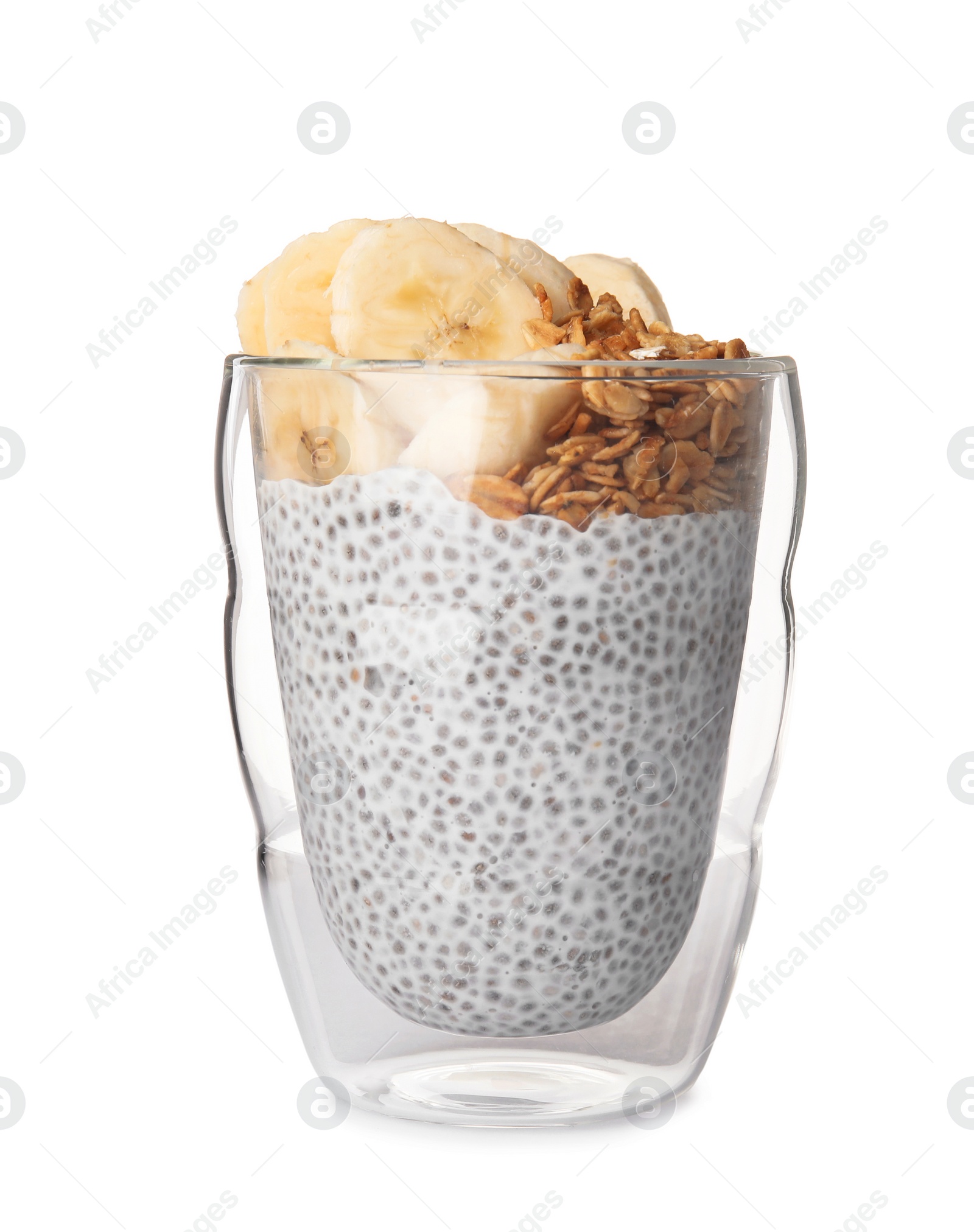 Photo of Glass of tasty chia seed pudding with banana and granola on white background