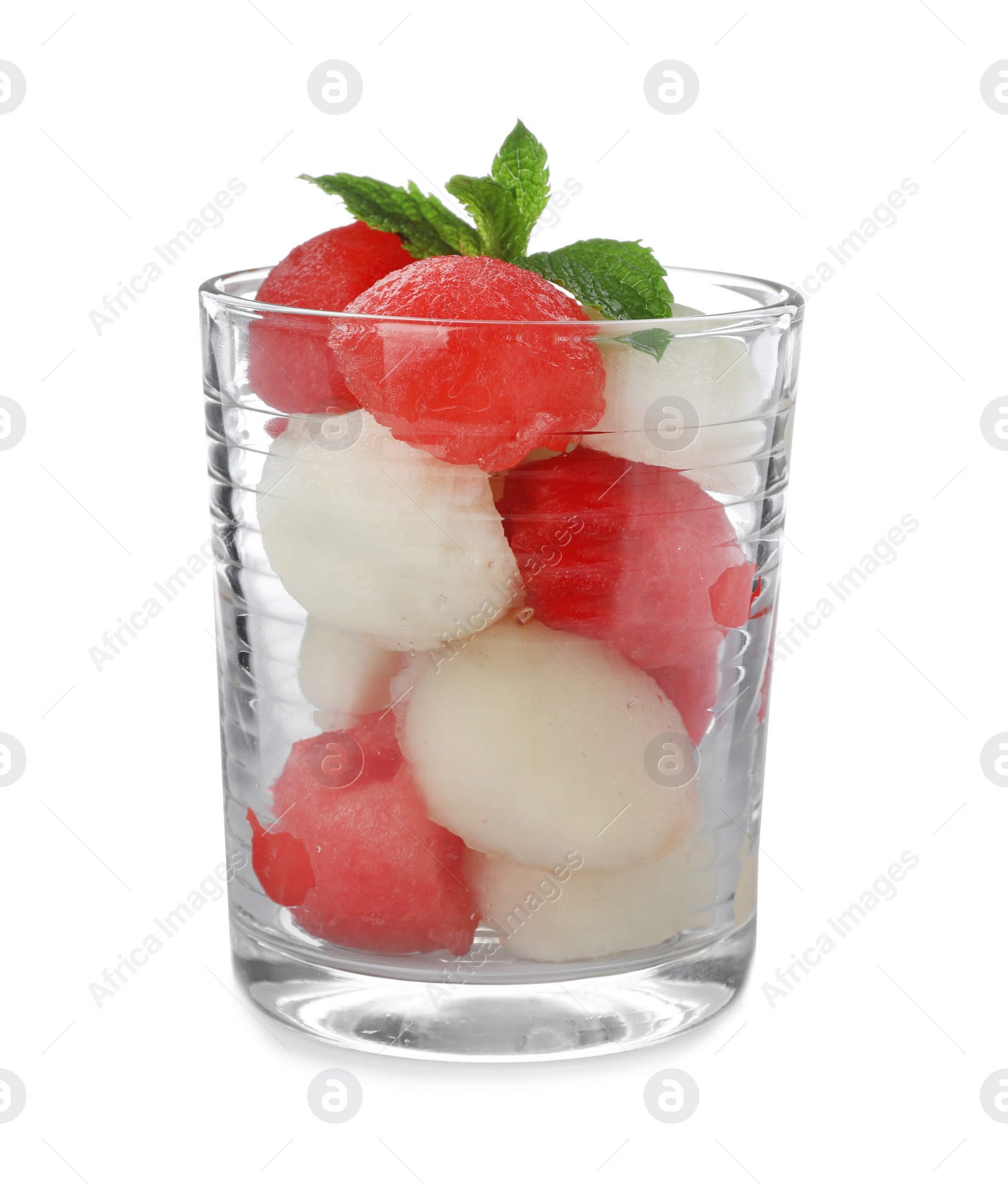 Photo of Glass with melon and watermelon balls on white background