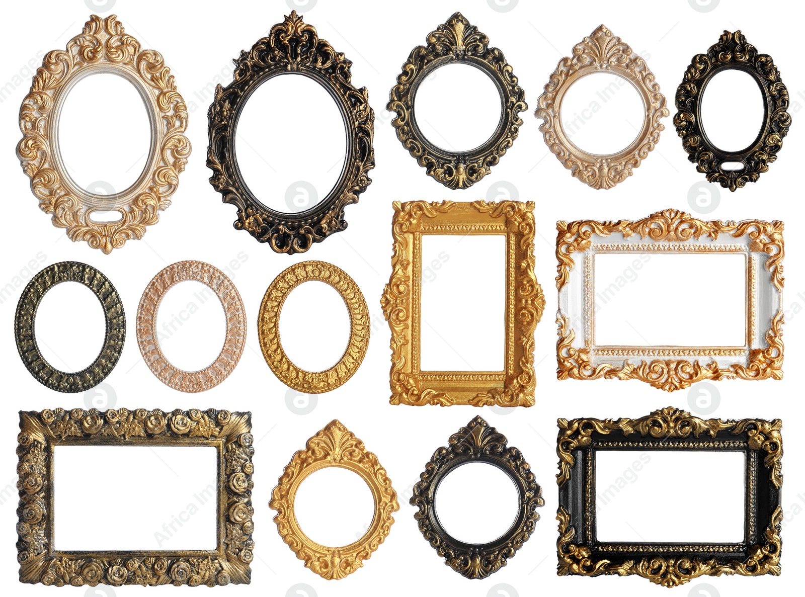 Image of Set of different old fashioned frames on white background