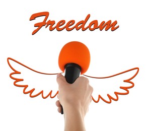 Image of Freedom of speech. Woman holding microphone with wings on white background, closeup