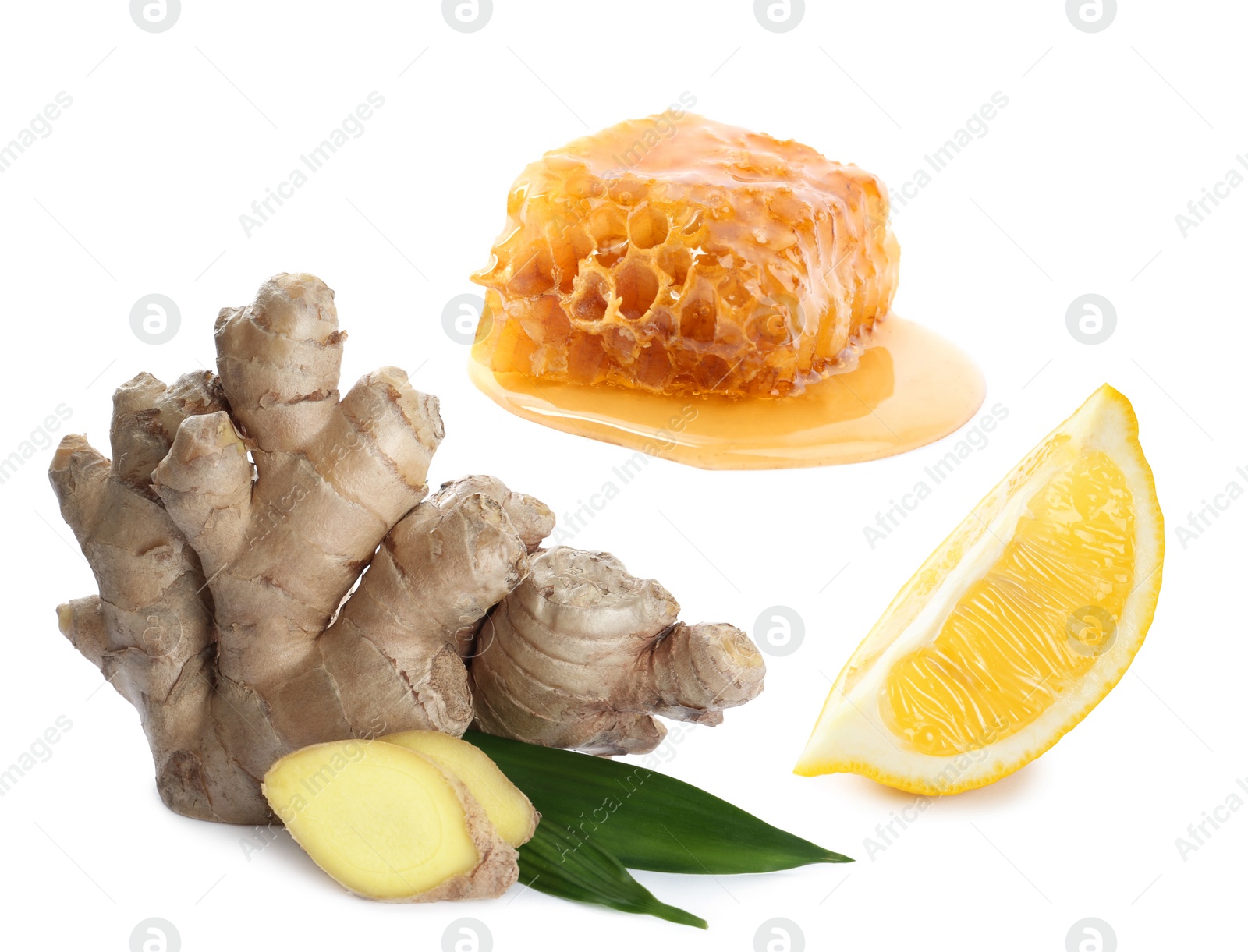 Image of Ginger root, lemon and honeycomb on white background