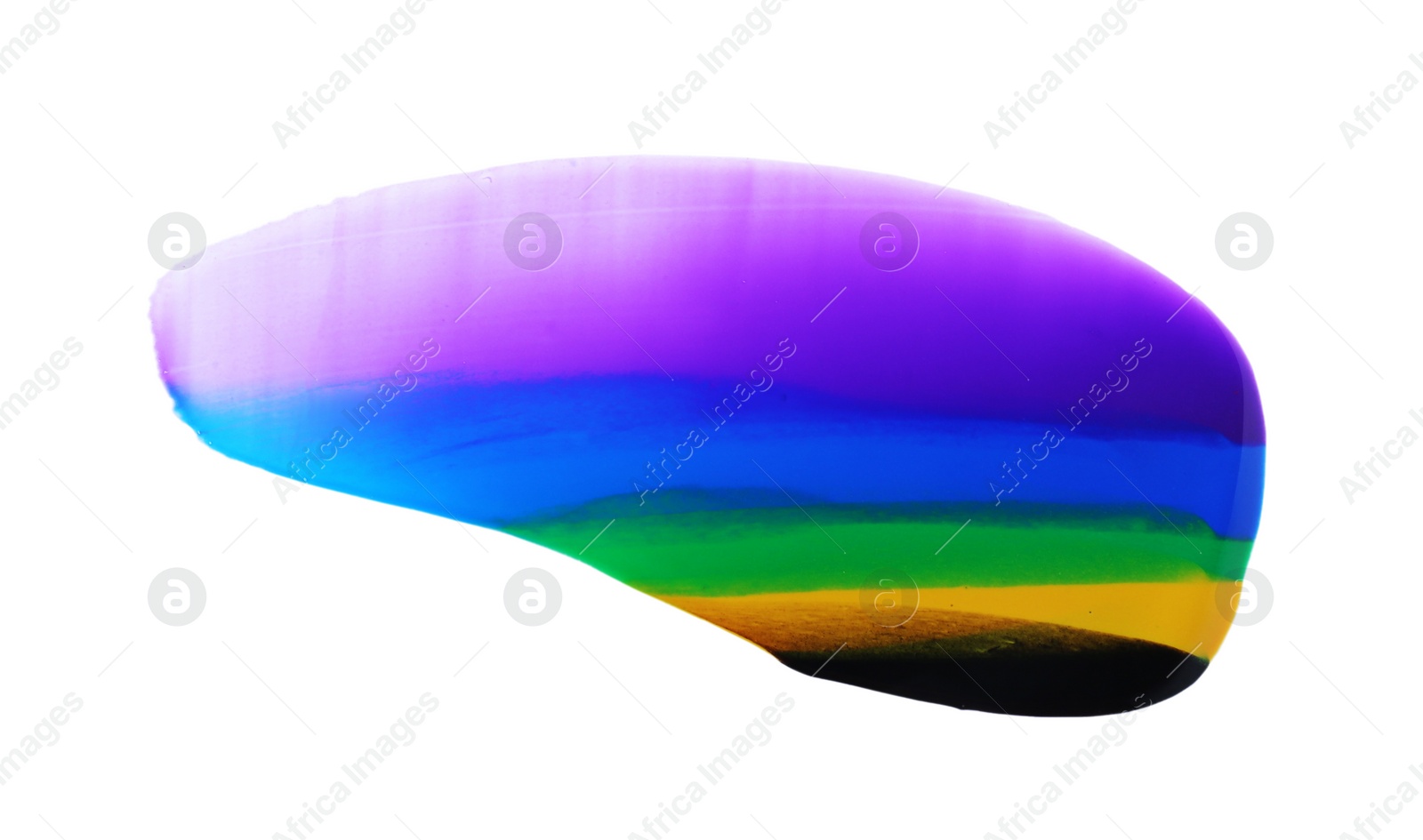 Photo of Purple, blue, green and yellow chameleon paint samples on white background, top view