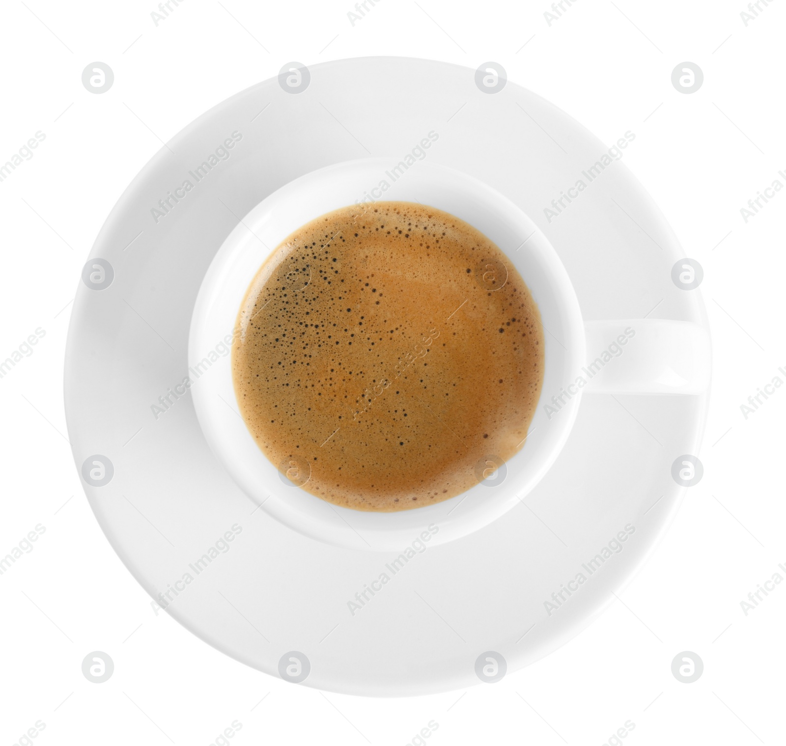 Photo of Cup of tasty coffee isolated on white, top view