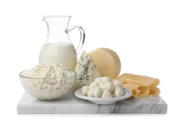 Photo of Different dairy products on white background