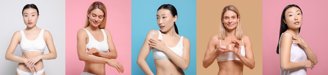 Image of Collage with photos of women applying body cream on different color backgrounds. Banner design