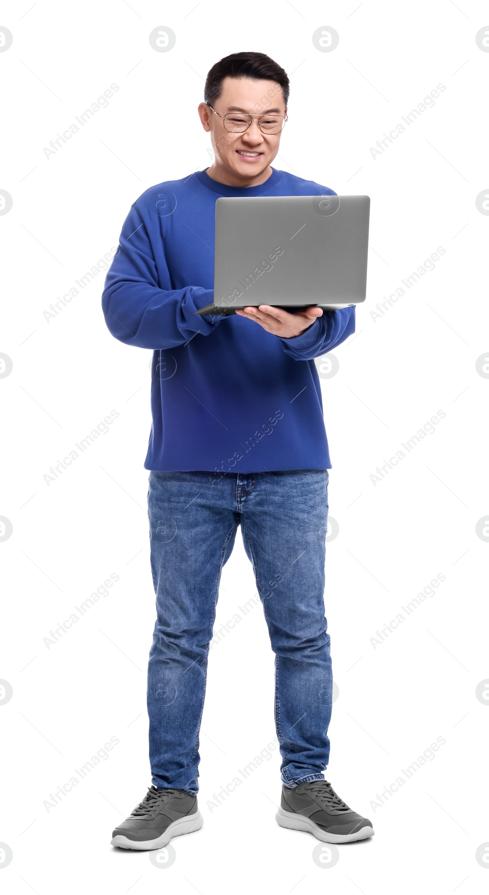 Photo of Happy man with laptop on white background