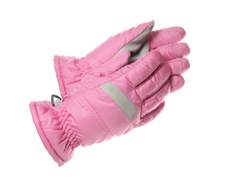 Woman wearing pink ski gloves on white background, closeup. Winter sports clothes