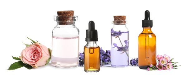Image of Set of different essential oils used in aromatherapy on white background, banner design