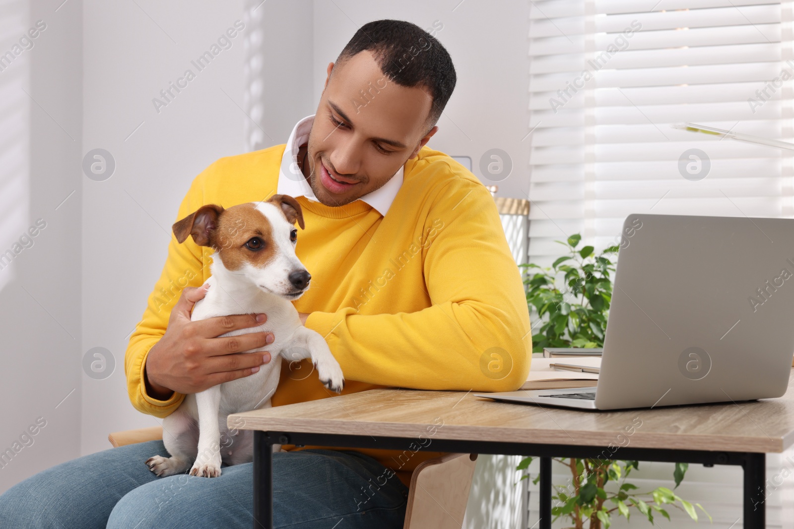 Photo of Young man with Jack Russell Terrier at desk in home office