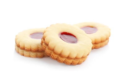 Photo of Traditional Christmas Linzer cookies with sweet jam on white background