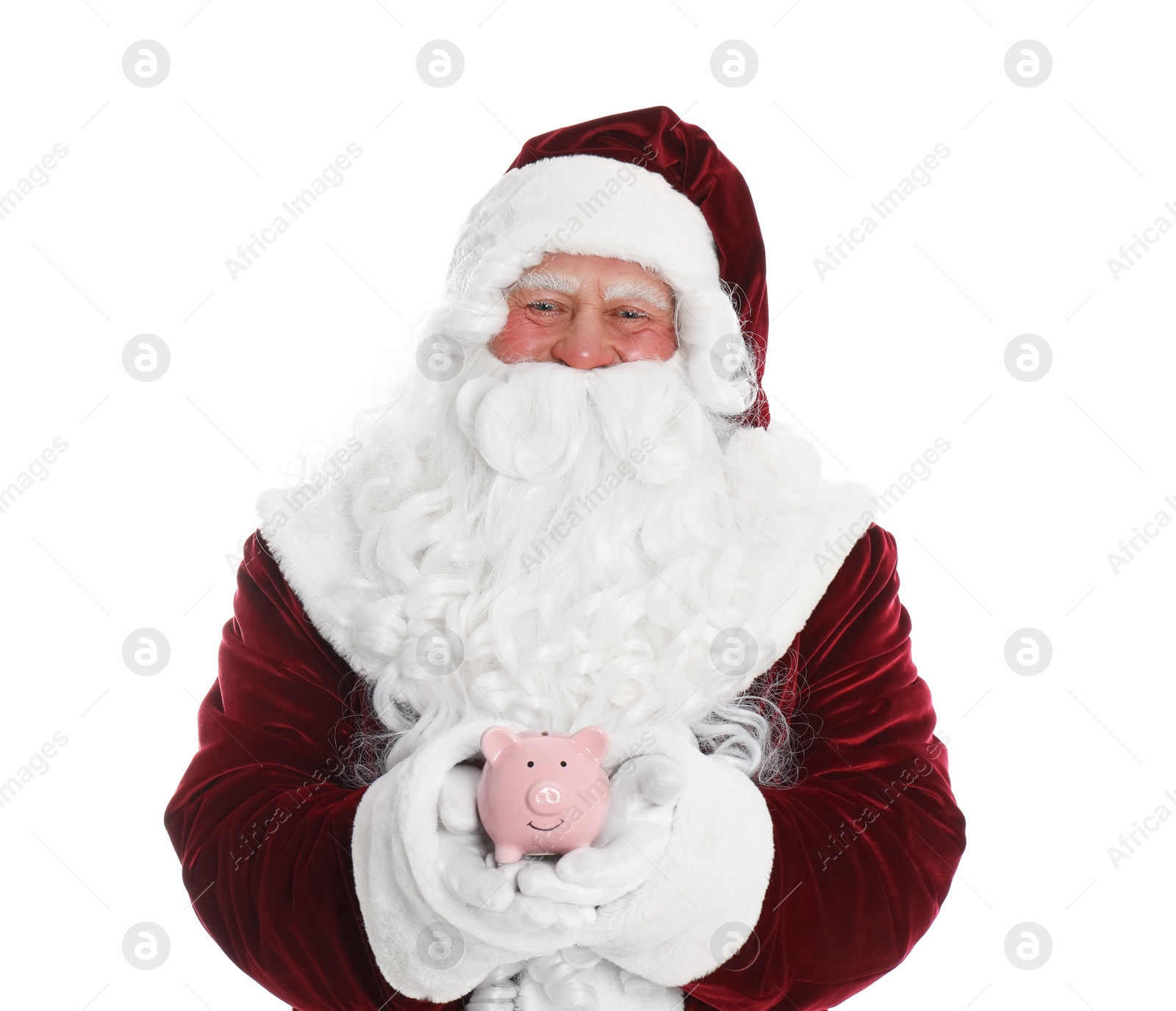 Photo of Santa Claus holding piggy bank on white background