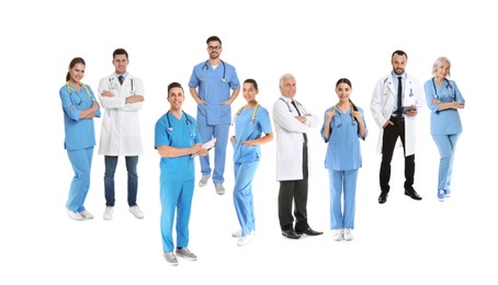 Collage with photos of doctors on white background