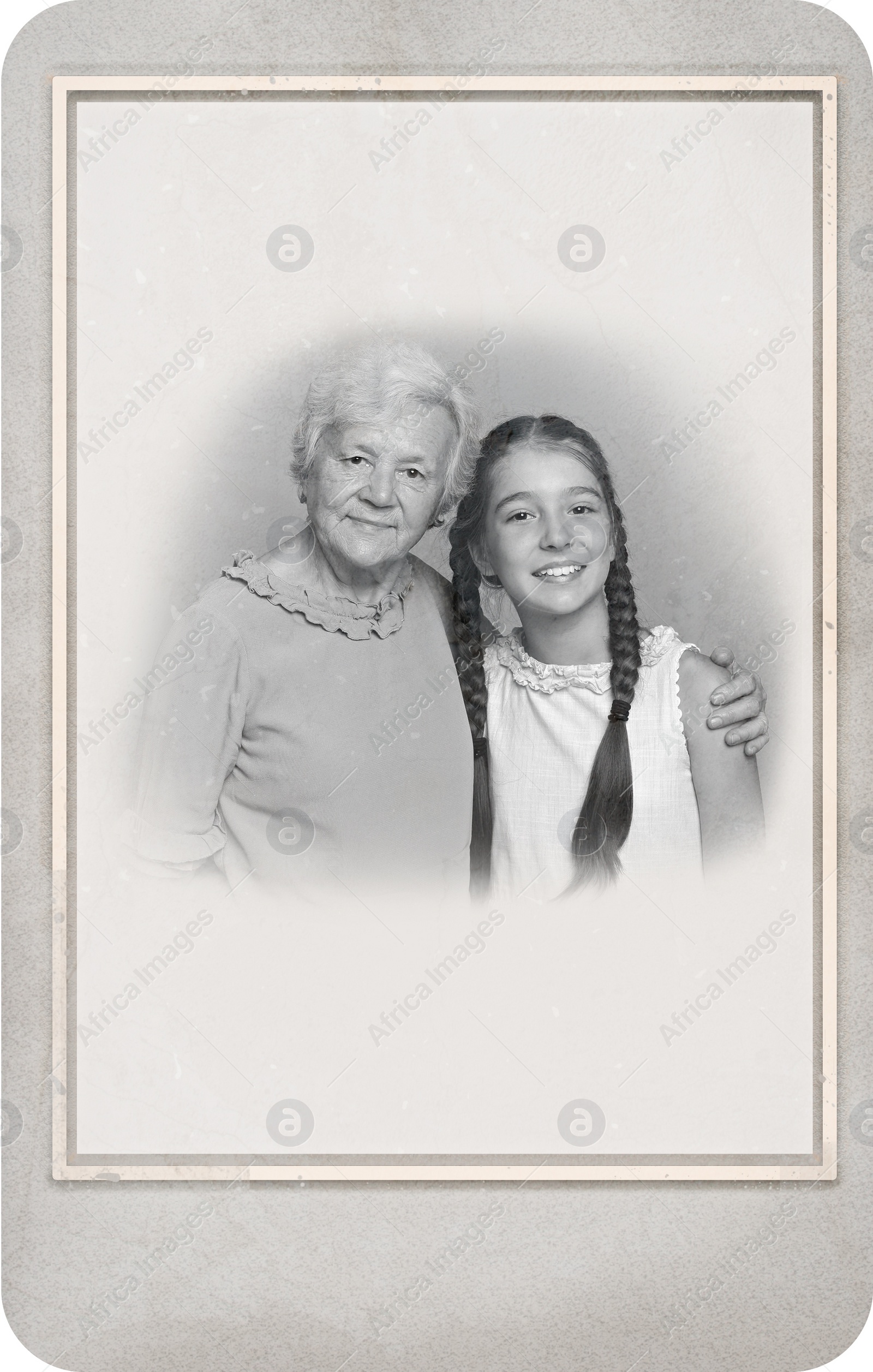 Image of Old picture of cute girl with her grandmother. Portrait for family tree