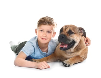 Cute little child with his dog on white background