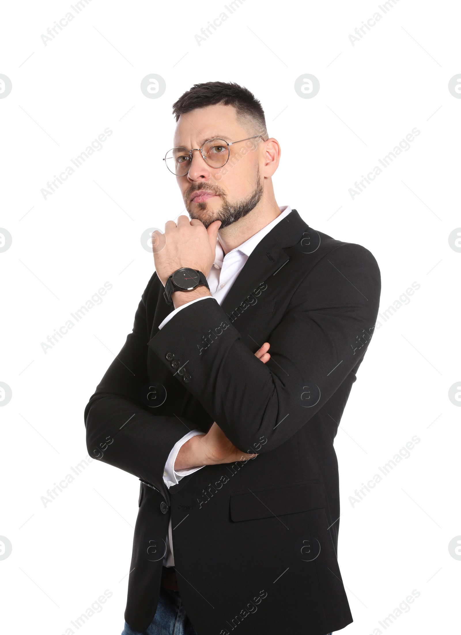 Photo of Confident businessman in glasses on white background