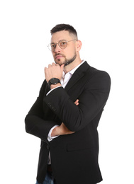 Photo of Confident businessman in glasses on white background