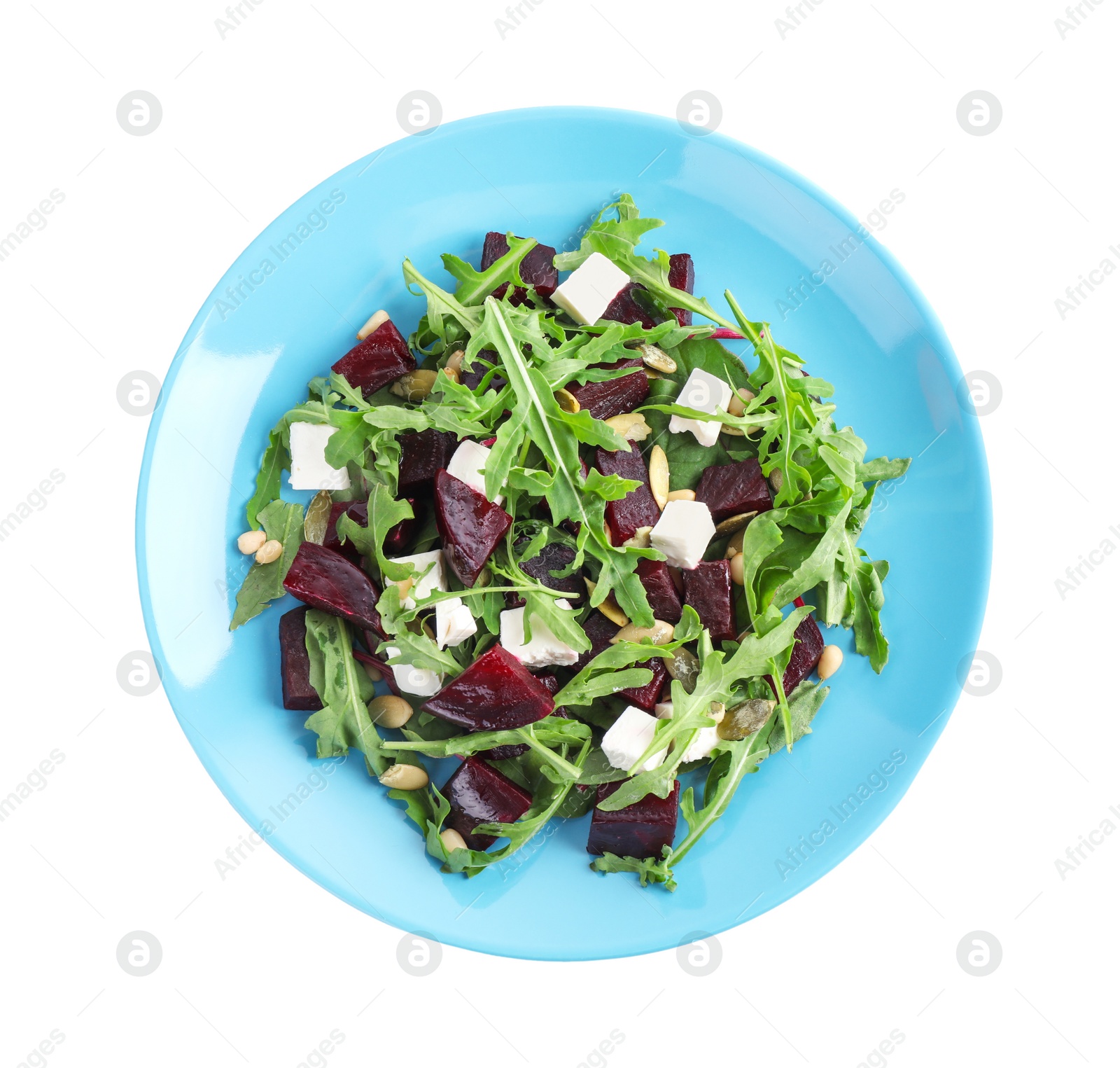 Photo of Fresh delicious beet salad isolated on white, top view