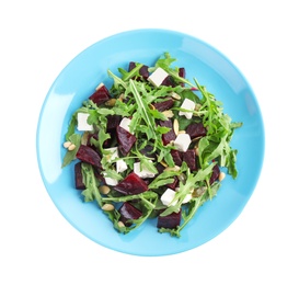 Fresh delicious beet salad isolated on white, top view