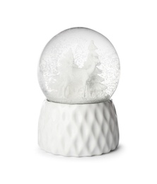 Photo of Beautiful snow globe with deer and tree isolated on white