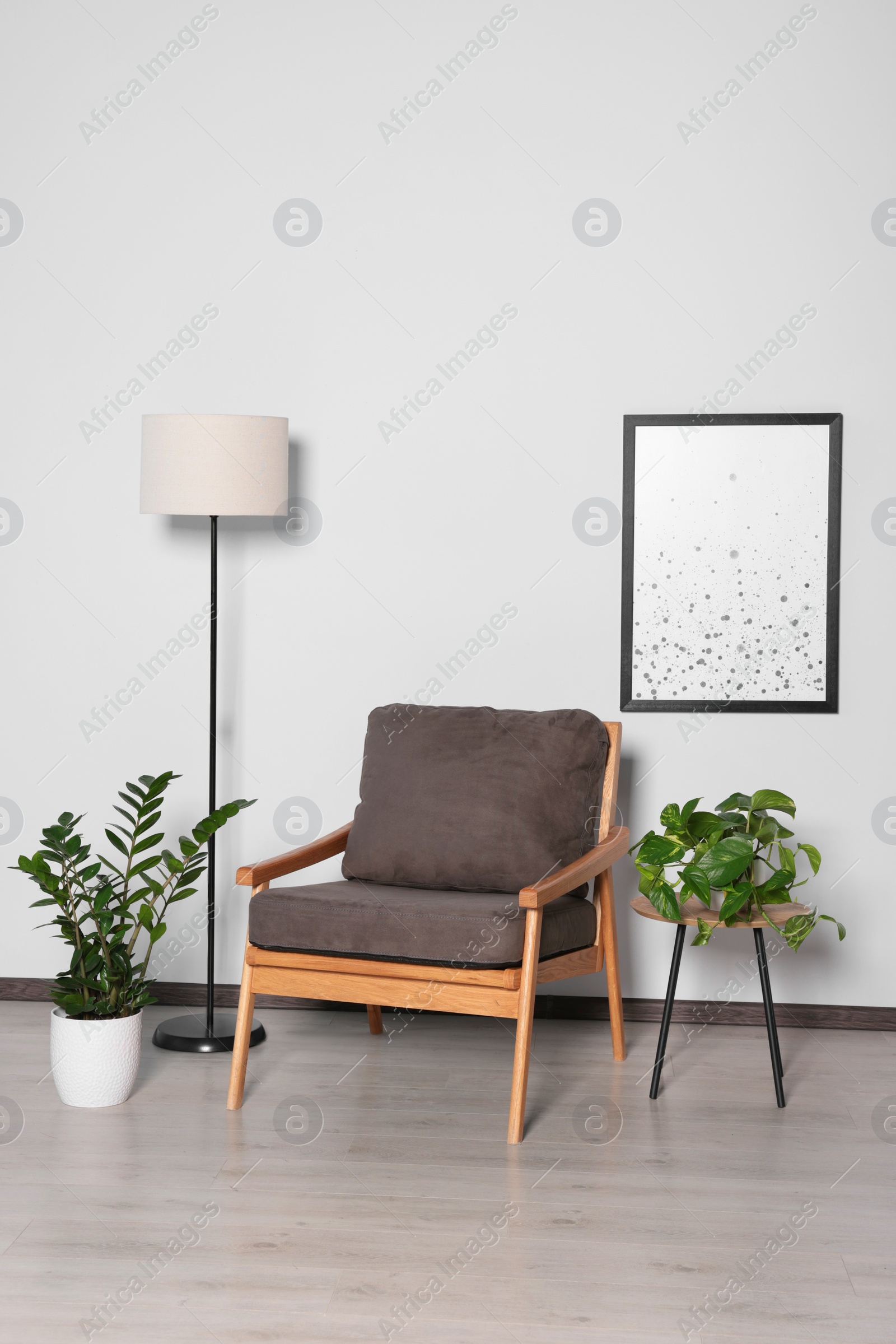 Photo of Stylish armchair, floor lamp and plants near white wall. Interior design