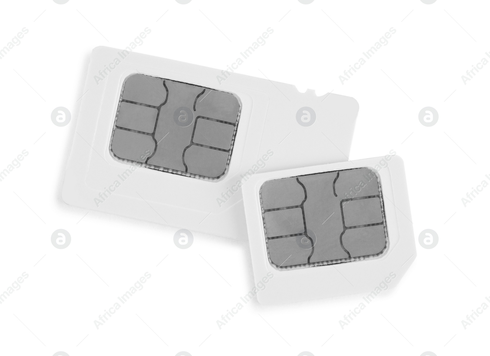 Photo of Modern SIM cards on white background, top view