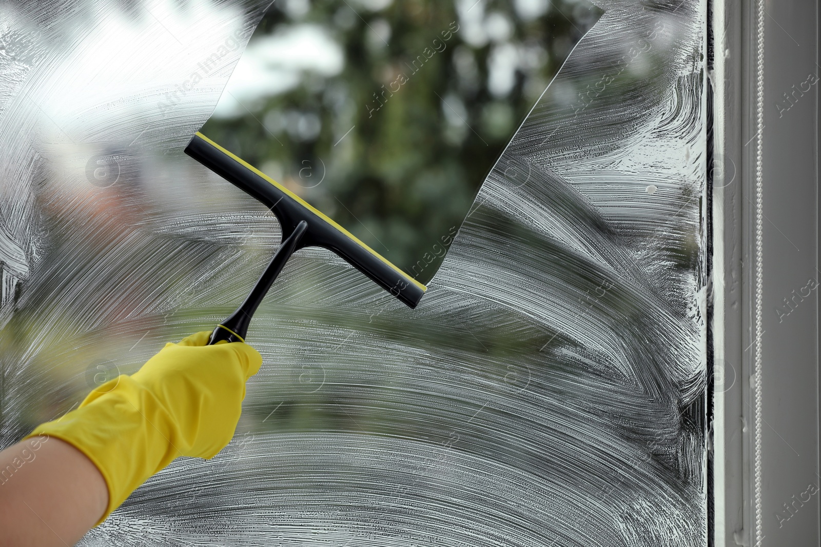 Photo of Woman cleaning glass with squeegee indoors, closeup