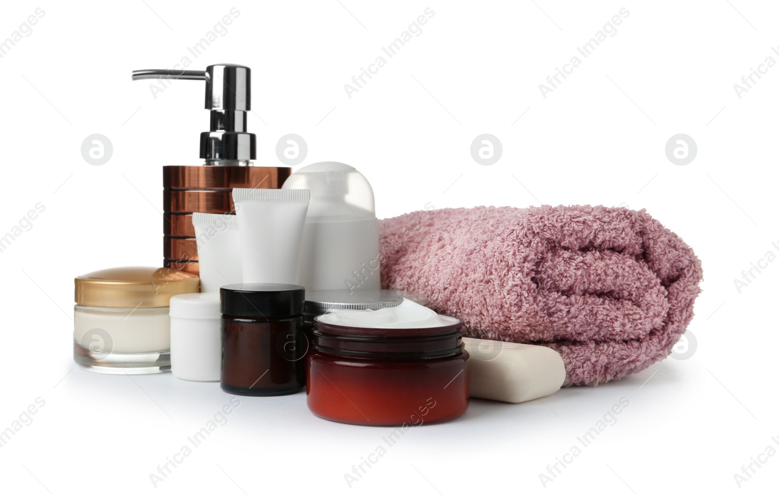 Photo of Different body care products and towel on white background