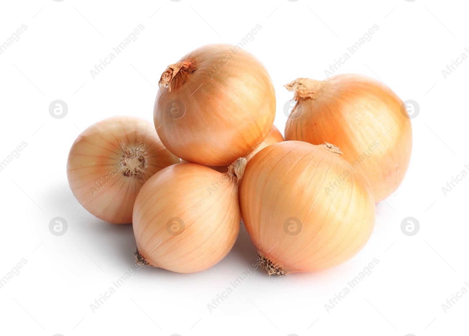 Photo of Fresh ripe onion bulbs on white background