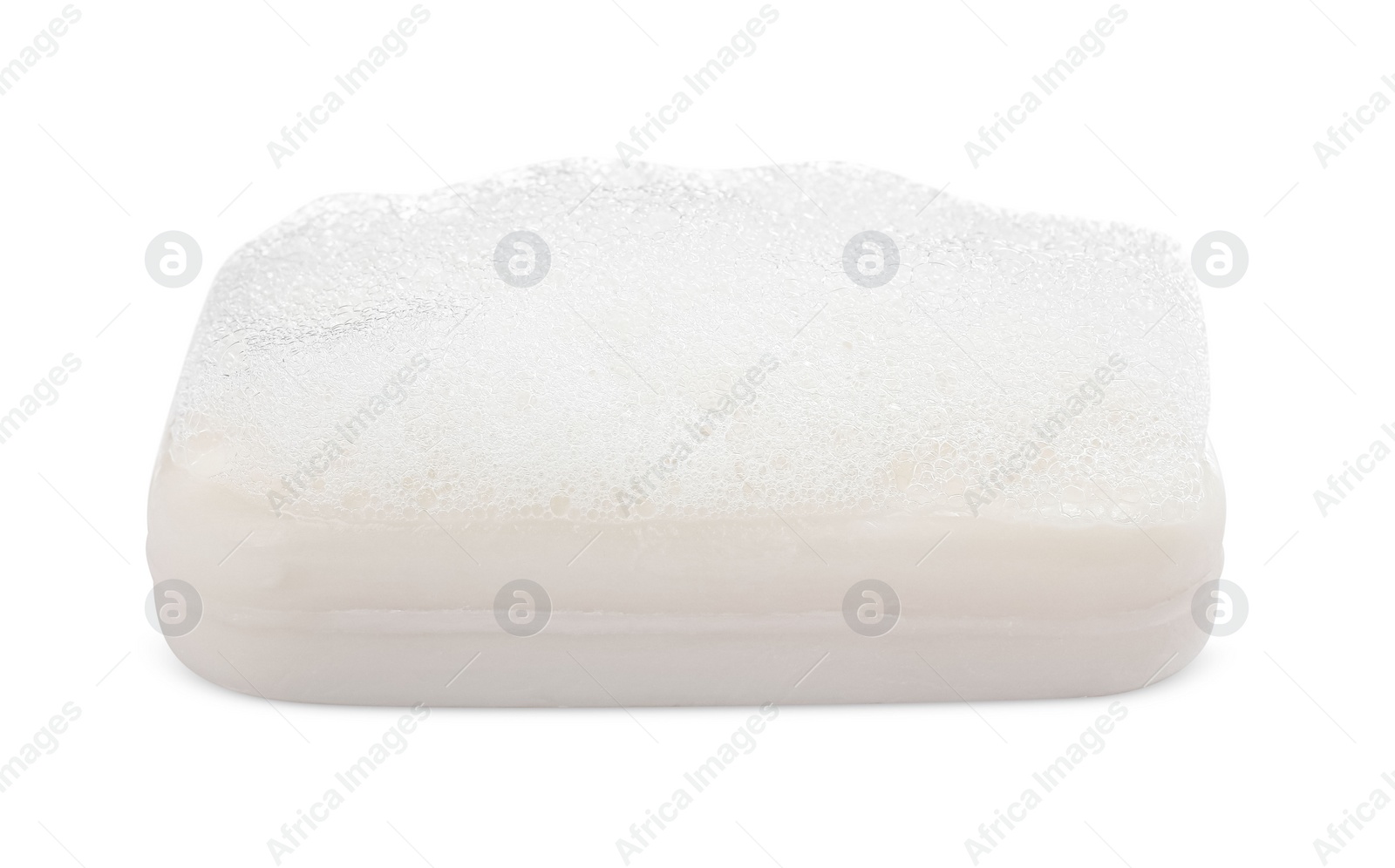 Photo of Soap bar with fluffy foam on white background