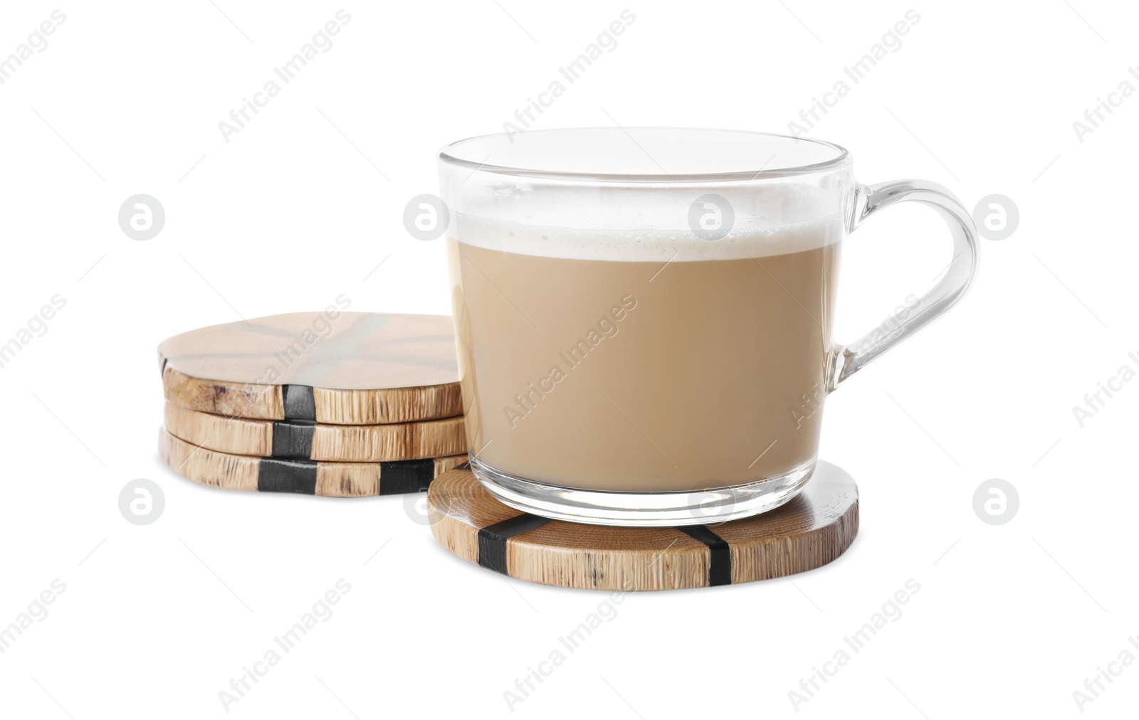 Photo of Glass mug of coffee and stylish wooden cup coasters on white background