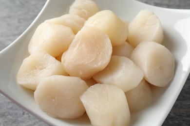 Photo of Fresh raw scallops in bowl on grey table, closeup