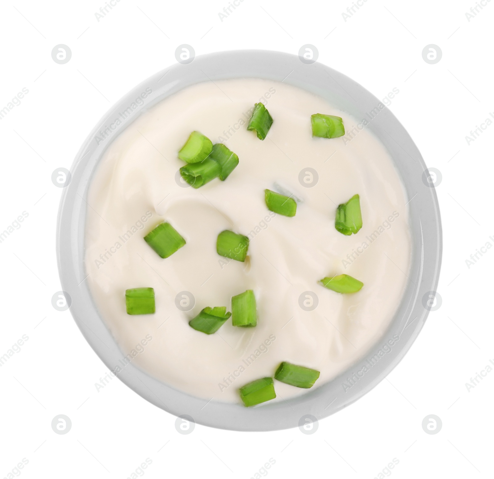 Photo of Fresh sour cream with onion on white background, top view