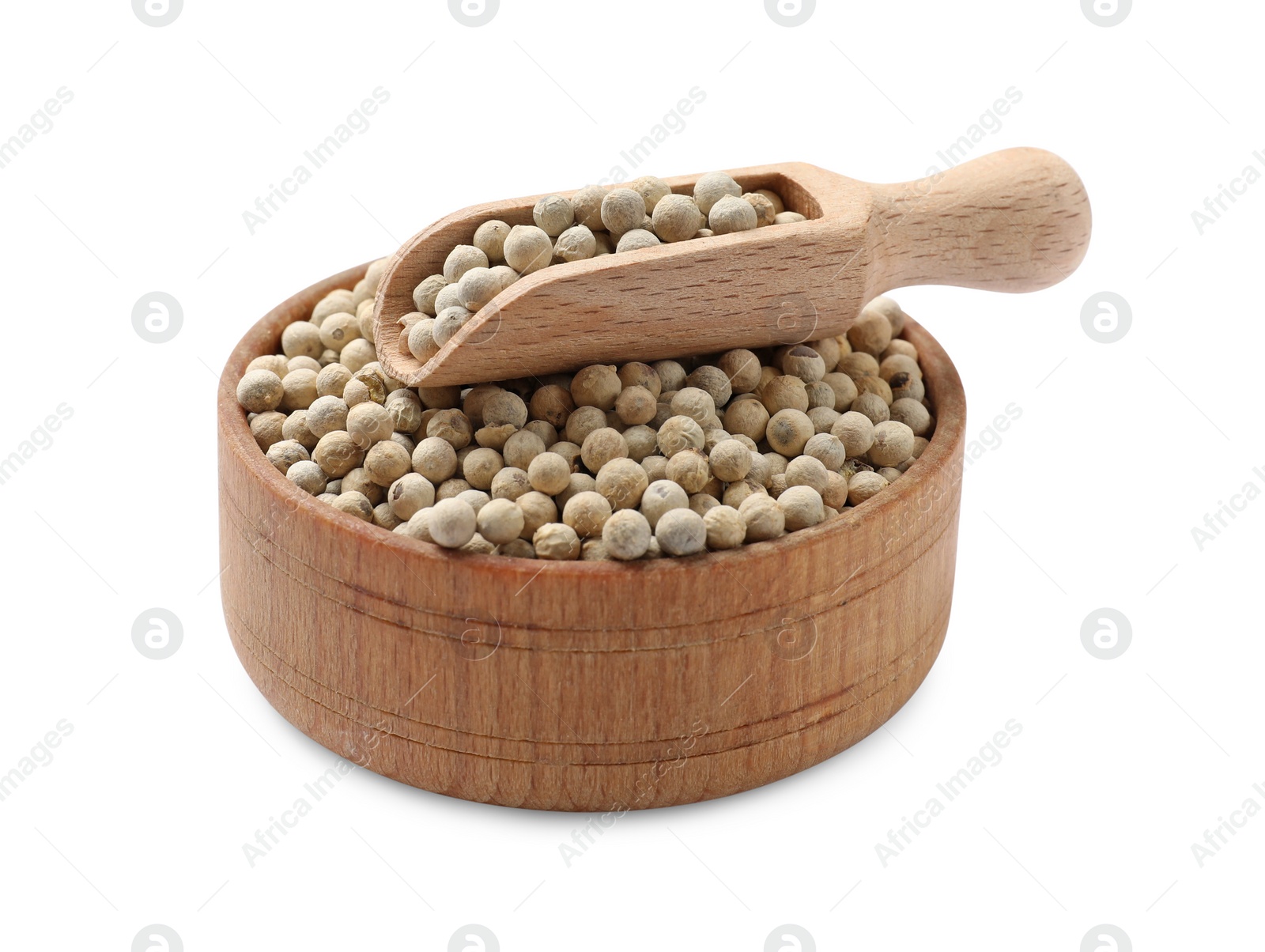 Photo of Aromatic spice. Many peppercorns in bowl and scoop isolated on white