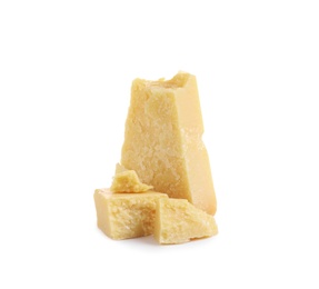 Photo of Pieces of delicious parmesan cheese on white background