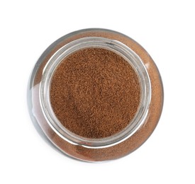 Glass jar of instant coffee isolated on white, top view