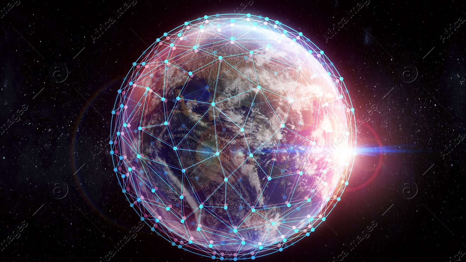 Image of Global network connection. Earth in open space and digital web, illustration